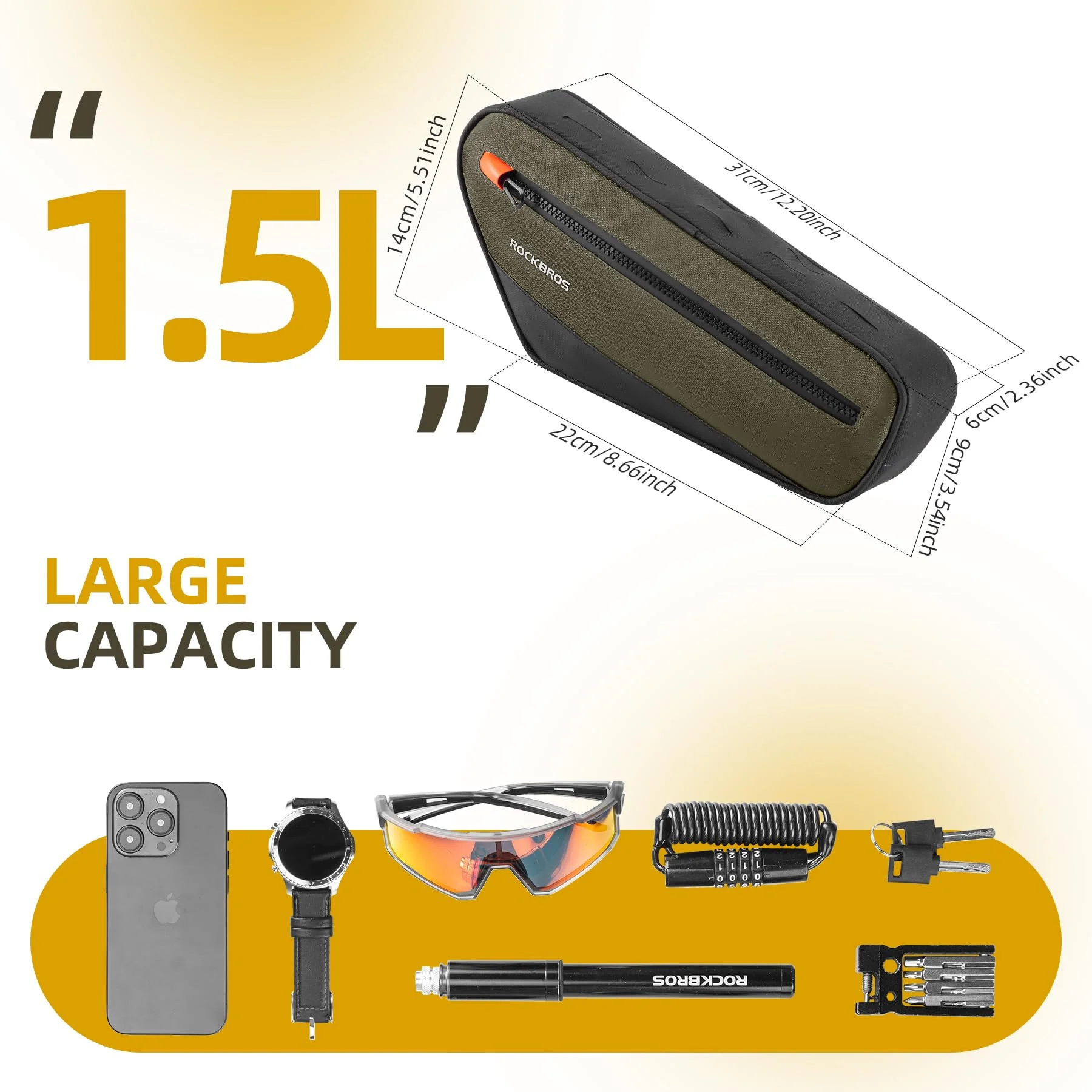 ROCKBROS Bike Frame Bag Bike Handlebar Bag Bike Bag with Large Opening Zippers 1.5L - Image 2