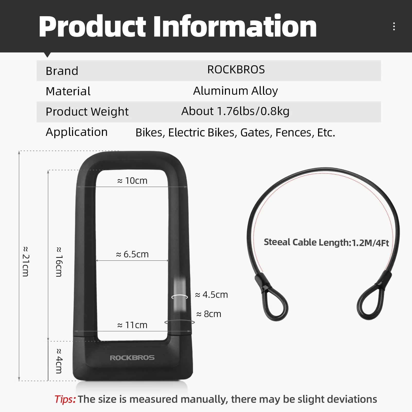 ROCKBROS Bike U Lock, Heavy Duty Anti Theft Bike U Lock with Cable Silicone Cover - Image 7